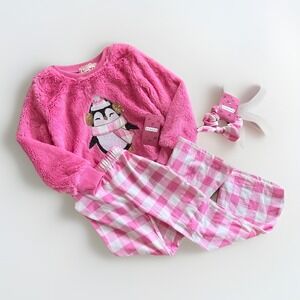 BTWEEN Girls Pink Penguin Set Plaid Pants Fuzzy Fleece Cozy Winter Gift Idea 5T